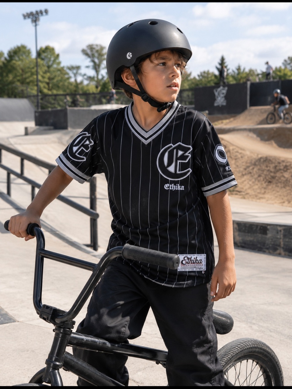 ethika Black Pinstripe V-Neck Kids Jersey with Gray Trim